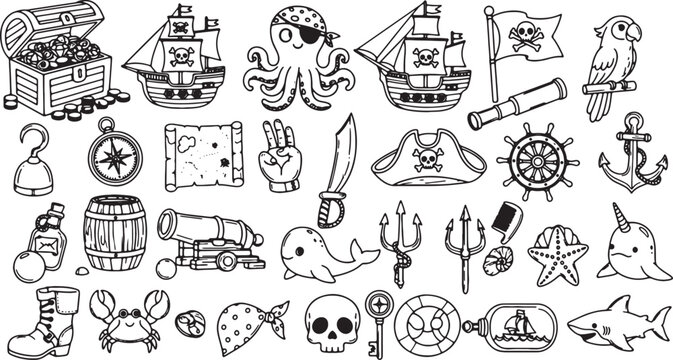 Vector pirate treasure collection with sea adventure icons and symbols