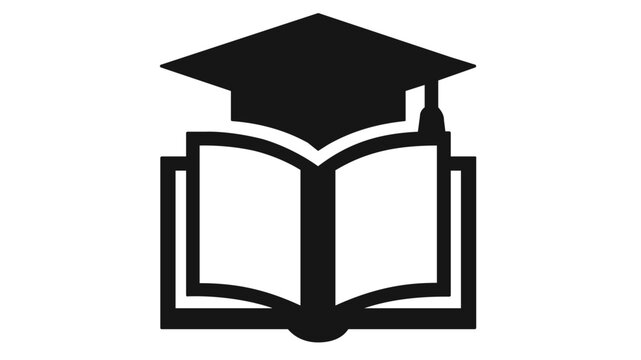 Minimalist vector icon illustration of an open book with a graduation cap mortarboard on top, symbolizing academic success, higher education, professional training, and online learning modules.