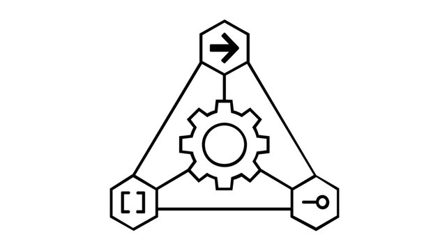 Integration platform vector icon illustration showing a central gear connected to multiple hexagonal application nodes, representing software connectivity, API automation, and data workflow.