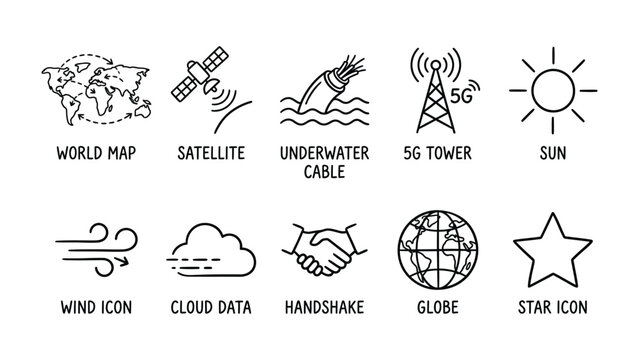 World of Communication and Connectivity: A set of interconnected line icons illustrates the modern world's reliance on technology, global networks, and essential elements. 