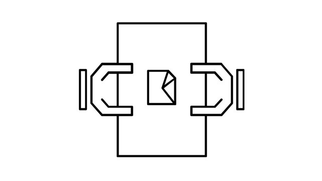 Professional sales meeting vector icon illustration showing two people sitting across a table with a document. Clean minimalist line art for business negotiation and collaboration concepts.