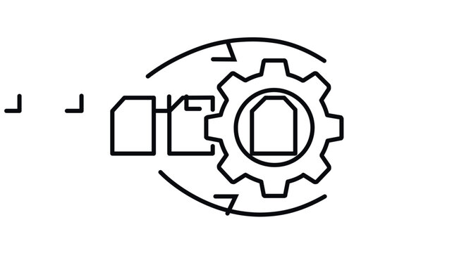 Batch processing vector icon illustration featuring a stack of digital documents being sequentially processed through a mechanical gear with curved arrows, symbolizing automated workflow efficiency.
