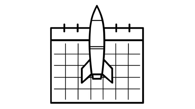 Shuttle ascending from a dated matrix, illustrating a commercial endeavor departure. Monochromatic outline depicting organizational scheduling, mission commencement, and methodical foresight.