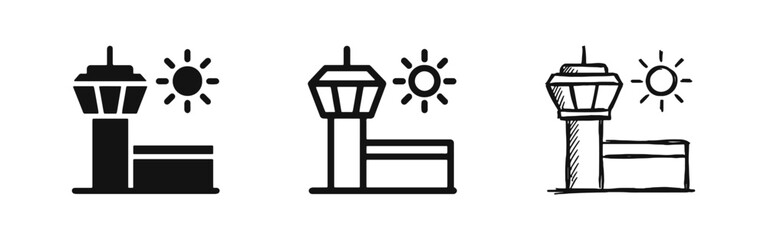 Obraz premium Airport Control Tower Icon Set with Sun for Travel and Aviation