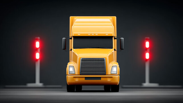 Yellow semi-truck in dark urban setting with red traffic lights