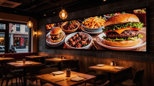 Modern restaurant interior features large digital screens displaying burgers fries, skewers. Tables set for dining with minimalist decor, warm lighting create inviting atmosphere for friends enjoying