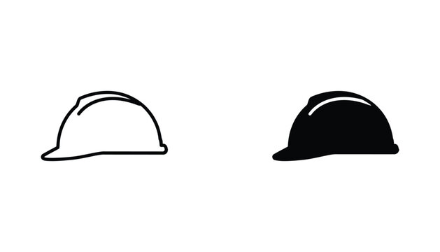 Construction hard hat safety helmet vector icon set in outline and solid black styles for industrial and engineering design projects