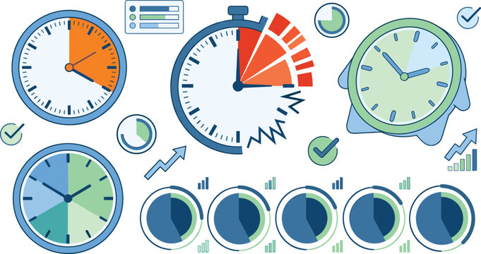 Clock and Timer Illustration Set Featuring Stopwatch, Alarm Clock, Progress Indicators, and Time Management Designs for Productivity and Efficiency Projects