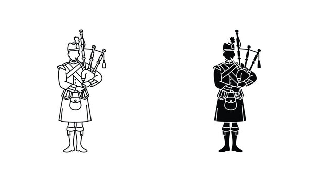 Scottish bagpiper musician icon set in traditional kilt outline and solid black vector style for music and culture branding