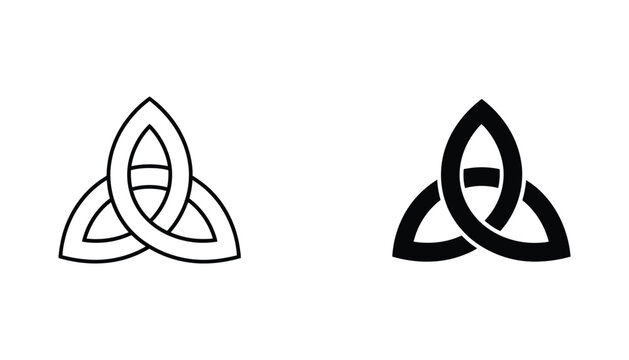 Triquetra trinity knot symbol in outline and solid black icon style isolated on white background for religious or spiritual design projects
