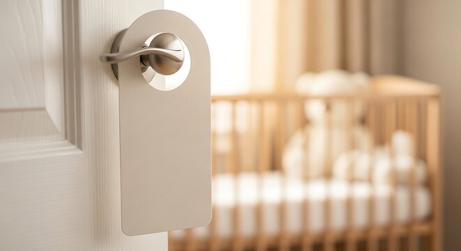Close-up of a door with a blank tag and a baby crib in the background.