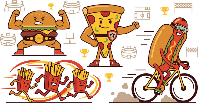 Funny Fast Food Character Illustration Set Featuring Athletic Burger, Pizza, Fries, and Hot Dog with Fun Sports and Trophy Designs