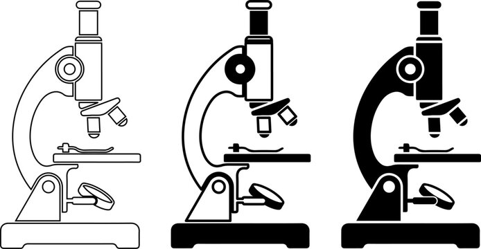 set of microscope icons in thin stroke bold outline and solid styles for science and lab research