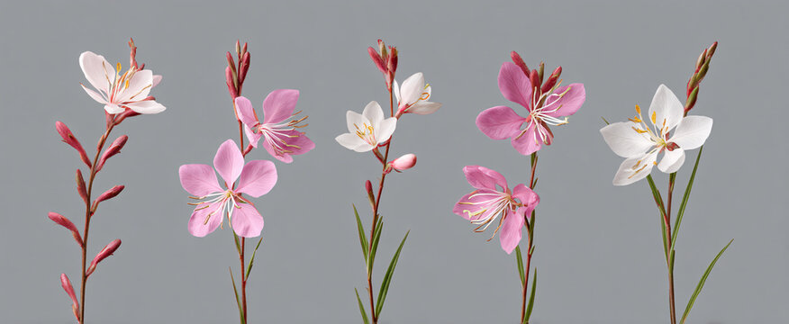 Vibrant set of Gaura lindheimeri beautifully isolated on a soft gray backdrop.