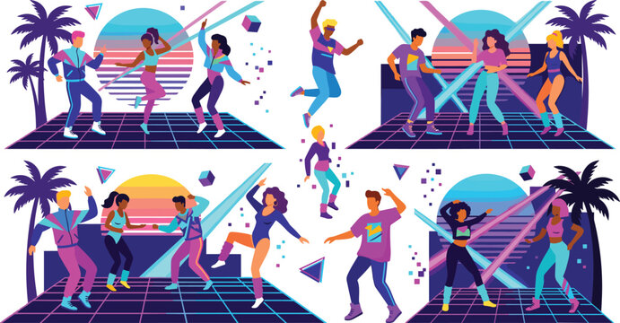 Retro Dance Party Illustration Set Featuring 80s-Inspired Fashion, Neon Lights, and Fun Dance Poses for Vibrant Party and Music Designs