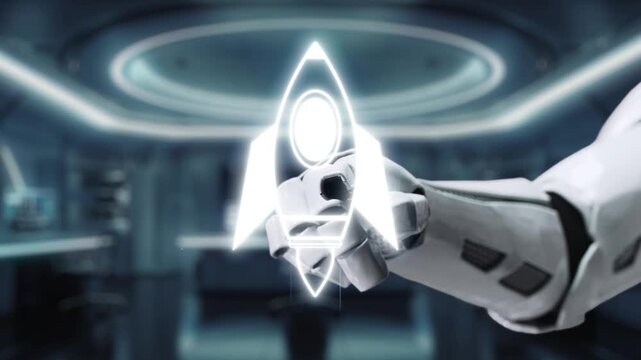 A futuristic robot hand interacts with a glowing rocket icon in a sleek spaceship environment, highlighting themes of innovation and exploration in technology and space. Auvana
