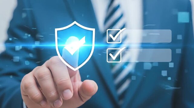 Business selecting cybersecurity protection options with digital shield and checkboxes on virtual