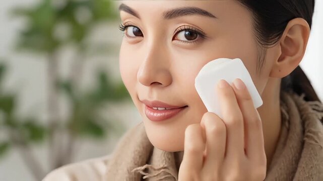 Young Asian woman gently patting her face with a cotton pad in a serene skincare routine close up