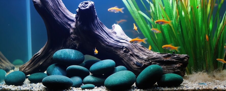 Orange goldfish swim in clear freshwater aquarium. Underwater scene features driftwood snags and smooth teal stones. Tall green aquatic plants sway in gentle currents.