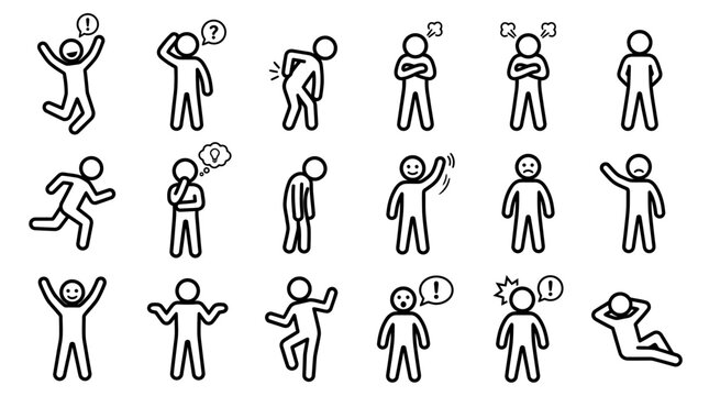 Set of icons representing human emotions and actions in a stylized stick figure manner