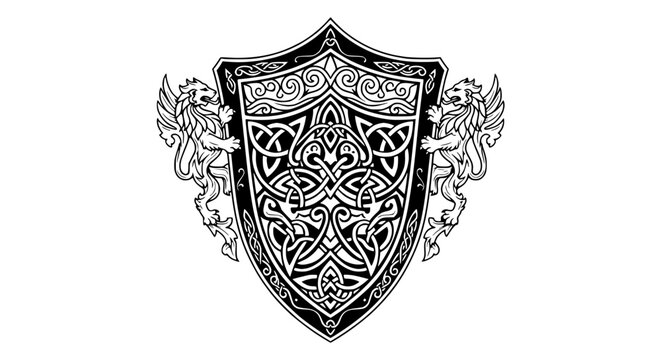 Celtic Shield Emblem with Lions, Heraldic Crest, Vintage Design