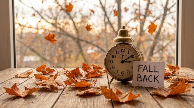 Vintage alarm clock with fall back note and autumn leaves on wooden table