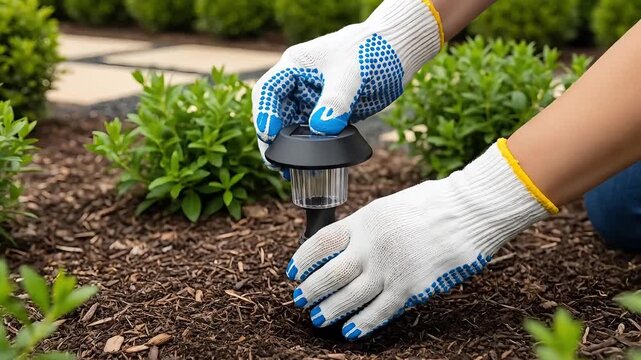 Hands planting solar powered garden light in lush green landscape with mulch and shrubs eco