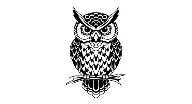 Black and White Owl Illustration Sitting on Branch