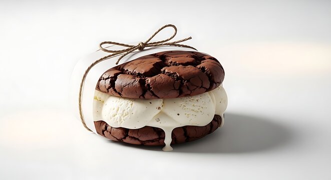 Delicious Ice Cream Sandwich with Chocolate Cookies and Brown String Tied Together.