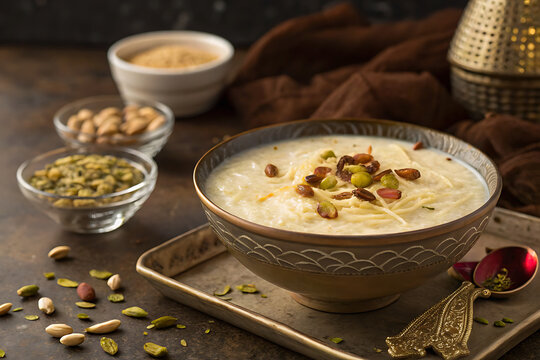 Eid Indian seviyan kheer in elegant bowl, pistachio garnish, realistic food styling, warm light