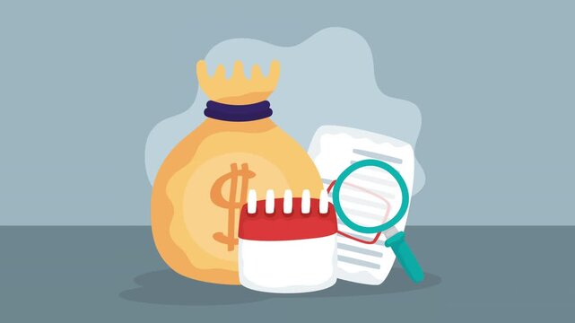 Business finance animation with money bag and tax documents with calendar.