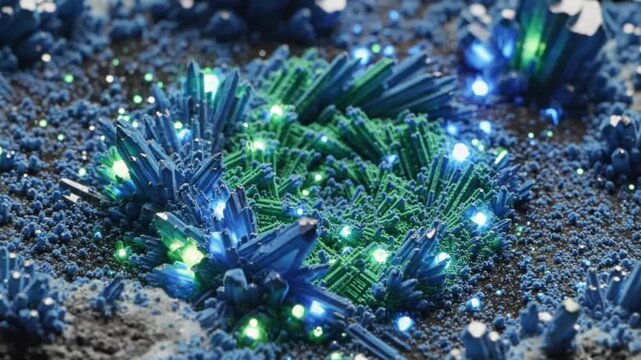 Abstract Blue and Green Crystal Formation with Glowing Lights