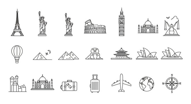 Various Famous Landmarks and Monuments Icons.