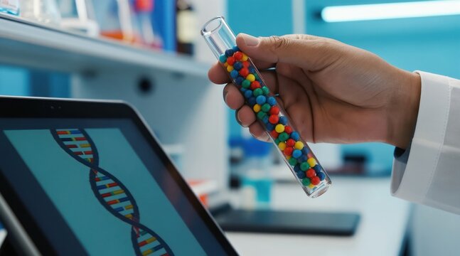 Scientist examines colorful beads in test tube. DNA model displays on tablet screen in modern lab. Research, science, medicine innovation. Medical study in lab.