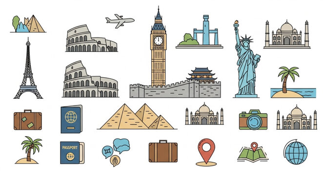Collection of travel landmarks icons.