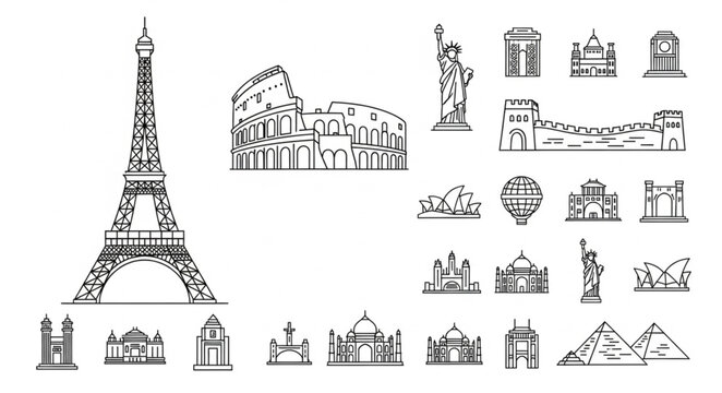 Collection of famous landmarks illustrations.