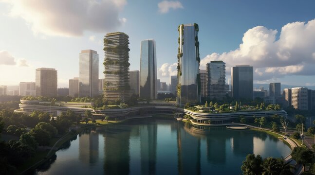 Futuristic city features tall green buildings alongside modern skyscrapers reflecting in calm lake. Rich trees, plants integrate with architecture, creating sustainable urban landscape. Eco-friendly
