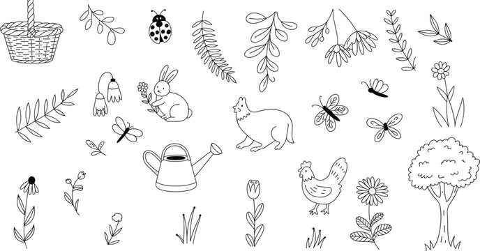 Hand drawn black and white spring nature and garden doodle collection with farm animals flowers and plants