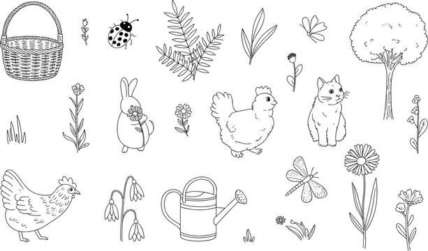 Hand drawn black and white line art vector collection of spring nature elements farm animals and garden tools