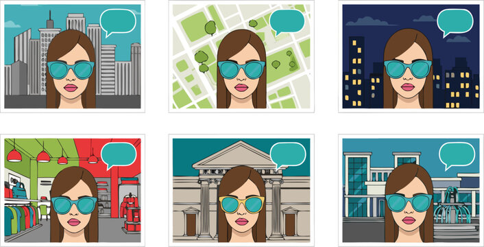 Woman Wearing Sunglasses with City, Map, Shopping Mall, Museum, and Urban Background Illustration Set for Travel Lifestyle Concepts