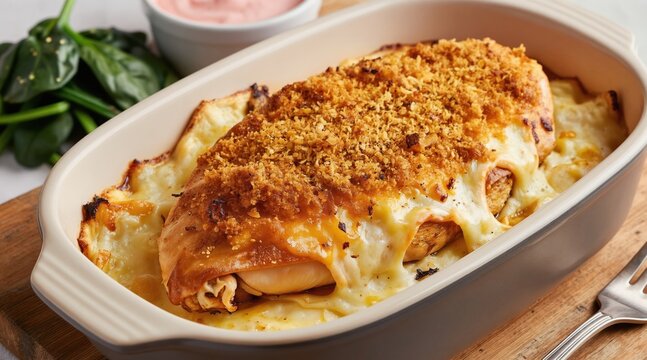 Cheesy baked chicken breast with crunchy breadcrumb topping sits in a baking dish. Melted cheese oozes over the tender meat. Fresh spinach and a pink sauce are visible.