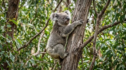 Fototapeta premium Adorable koala climbing eucalyptus tree in Australian forest, wildlife nature