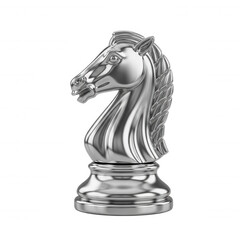 Naklejka premium A polished silver chess knight piece isolated on a solid black background, featuring metallic reflections and detailed horse head carving
