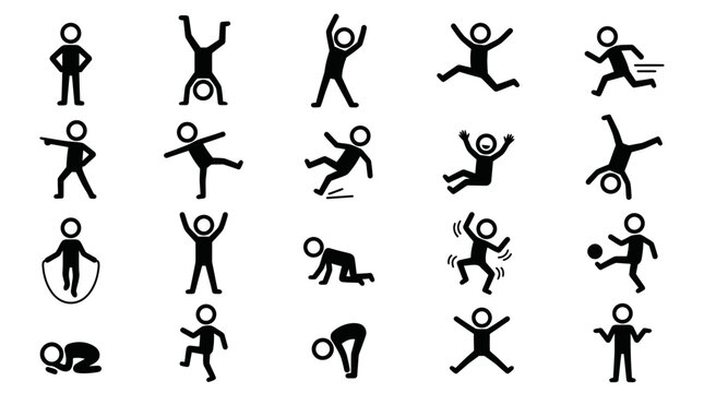 Set of cartoon stick figures representing various actions and activities