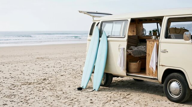 Vintage camper van parked on a sandy beach with surfboards and cozy interior, coastal road trip, surf lifestyle with copy space.