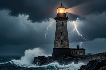 Obraz premium Stone lighthouse stands firm against raging storm waves and lightning strikes. Beacon shines bright through heavy rain illuminating dark sea. Maritime tower offers safety on rocky coast.