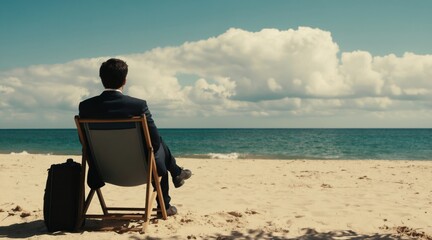 Fototapeta premium Man in suit sits on beach chair by ocean with suitcase. He looks out to sea, contemplating end of vacation and return to work. Summer ends, work awaits.