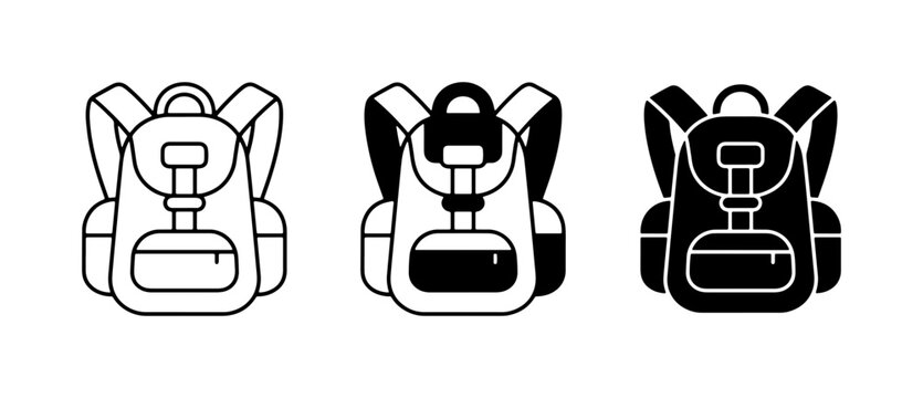 Backpack Icons Set: Outline, Filled, and Silhouette Styles for Travel and Outdoor Adventures