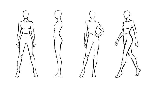 Minimalist continuous black line art vector illustration showcasing a graceful female figure in multiple standing and walking poses for fashion design anatomy study and apparel modeling on clean