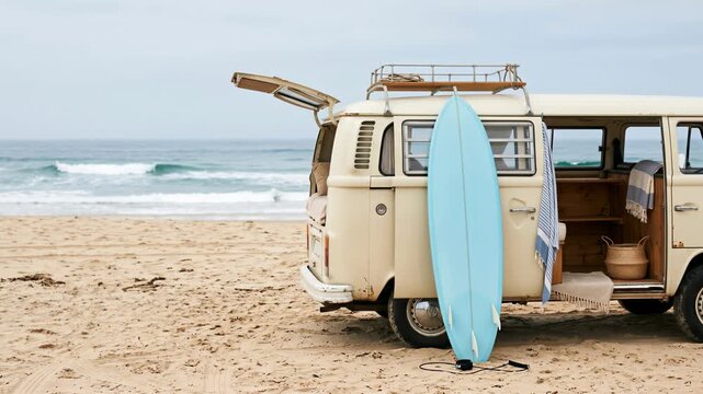 Vintage camper van parked on sandy beach with surfboard and open interior, coastal surf travel lifestyle with copy space.